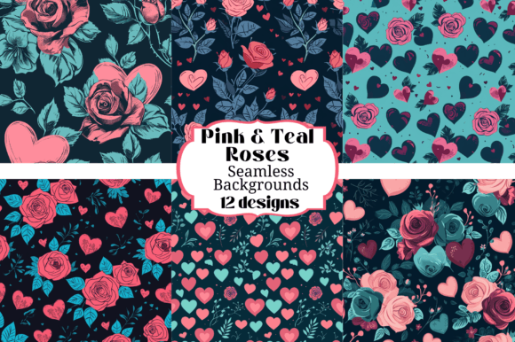 Pink & Teal Roses Seamless Backgrounds: A Modern Floral Asset